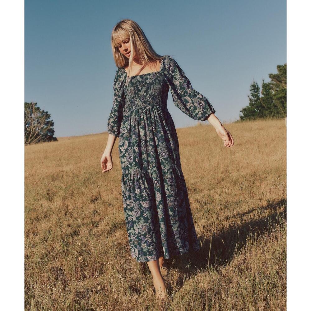 Marine Layer Ivy Smocked Midi Dress in "Forest Floral" Green Size Small